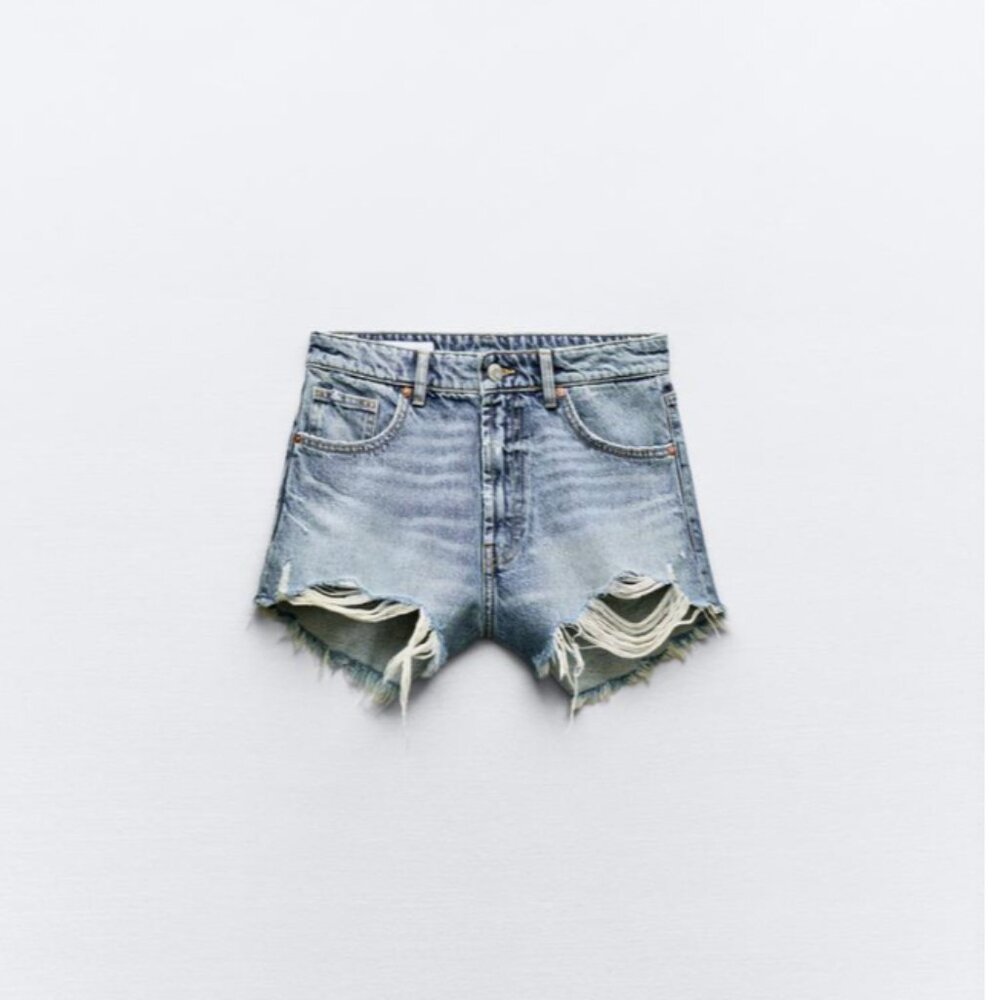 ZARA HIGH WAIST RIPPED TRF DENIM SHORTS